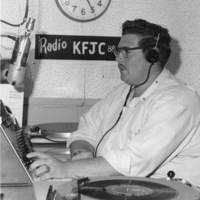 John Davis at the broadcast desk of KFJC in the basement of Foothill College in Mountain View.