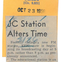 News article announcing that KFJC will alter is broadcasting time to 5:00 - 7:00 PM  to avoid interference from equipment used in evening classes.