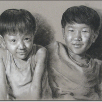 Drawing of two young boys, facing forward, one with arm around the other.