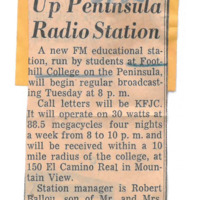News article announcing KFJC to go on the air October 13, operating on 30 watts at 88.5 FM. Bob Ballou station manager with Roy Ruth and Roger Murray, Fred Critchfield as station advisor.