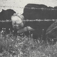 Old woman refugee in traditional dress sleeps curled up on he ground, facing outward, next to barbed wire fence of camp.