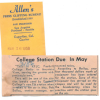 News article announcing KFJC will be on the air in May, 1959.