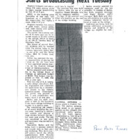 News article announcing that KFJC will start broadcasting October 13. Article notes that Bob Ballou applied for a FCC license with the help of R.A. Isberg and began constructing the station in the basement of Foothill College in Mountain View in April. The antenna was lifted onto the roof of the college by Ballou and Russel Rhoades on September 26. Photograph of raised antenna including Bob Ballou, Bryon Ballou (father), Bud Seeley (maintenance staff), Roger Murray, Nathan Ballard and Jim Fernbaugh (students).