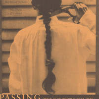 Person in white shirt, back to viewer, poised to cut off their long braid with scissors.
