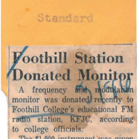 News article announcing that Hewlett Packard Co. donated a $1,900 frequency and modulation monitor to KFJC thanks to engineer and student Ken Gray. The monitor will be used to monitor the center frequency of the station.