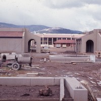 This photo, taken from the Language Arts Quad, shows the smaller fountain the foreground center. A larger version of this fountain is also being built in front of the Library, which is the large building in the background. 