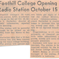 News article announces KFJC to go on air October 15 according to Foothill's Director of Public Information Ervin L. Harlacher. Harlacher also notes that the antenna had just been hoisted atop the main college building.