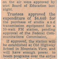 News article reporting students Bob Ballou and Bob Johnson asking for and the district Board of Education approving funding for a new student-run radio station at Foothill College in Mountain View.