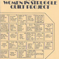 Each quilt square of 'map' describes content depicted on the actual quilt, e.g. 'Women's Struggle for Child Care.'