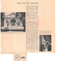 News article from the Town Crier reporting on Roger Murray's efforts to repair an antique barrel organ. Article notes Murray's fascination with sounds, particularly elevators, and his nightly program of audible oddities on KFJC. Photographs of the barrel organ and Murray working on its interior.