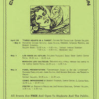 Flyer includes Juana Alicia drawing of a woman's face plus event list.