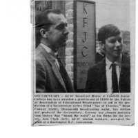 Photograph of Ken Clark and Brian Conway with caption announcing KFJC's winning of $1,000 prize for Conway's 13-part series "Age of Thunder".