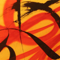 Abstract detail of 'In Between' exhibition announcement. Black calligraphic strokes atop bright gold ground swirled with red graffiti paint.