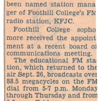 News article announcing Roger Murray as new station manager of KFJC. Notes that station programming includes music, lectures, dramas and special service broadcasts.
