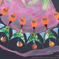 Abstract pink and green color detail of textile in 'Material Culture' exhibition announcement.