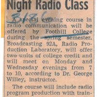 News article reporting that Foothill College will offer Broadcasting 92A, Radio Production Laboratory, for students in the spring semester in anticipation of the new college radio station going on the air in spring. Professor George Willey will teach the course.