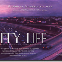 Jessica Dunn purple-hued cityscape painting of freeway interchange at night.