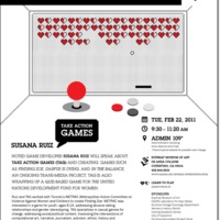 Flyer connected with 'Learn To Play' exhibition. Event with Susana Ruiz and Take Action Games. Game console with numerous red hearts on the screen.