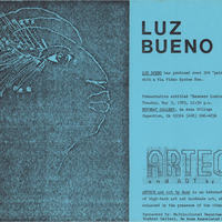 Event flyer for artist Luz Bueno presentation. Blue paper, black profile image.