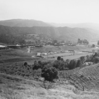 Looking SouthWest across what is now Parking Lot 2 at Foothill College, the gymnasiums can be seen at the top of the hill on the left side of the photo. 