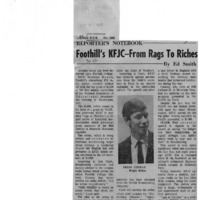 News article announcing that KFJC has won the $1,000 top prize from the National Association of Educational Broadcasters for its 13-part series "Age of Thunder", created by Brian Conway. Photograph of Brian Conway.