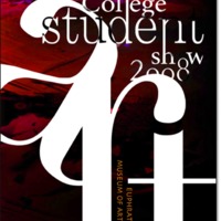 Red, black, and white graphic design playing with shapes of the word 'art.'