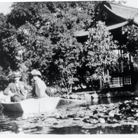 The Griffin fish pond and tea house were a favorite spot for family relaxation. The man and woman in the boat are not identified but are believed to be Willard C. Griffin, grandson of Willard M., and his wife. Photo likely taken in the late 1930s or early 1940s. 