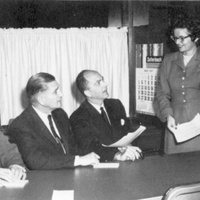 The first Board of Trustees meets at the storefront offices located at 176 Second Street in downtown Los Altos. Seated left to right: A. P. Christiansen, Dr. Howard G. Diesner, Dr. Robert C. Smithwick (Chairman,)  Mrs. Mary Levine, Robert F. Peckham. 