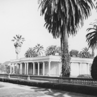 Le Petite Trianon, shown here in its original location with the back of the building facing Stevens Creek Blvd. The building will soon be moved to a temporary location behind the campus library, and then will be moved to its current location where it will be restored and renamed The California History Center.
