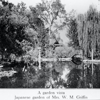 A view of the Griffin fish pond, Japanese garden and tea house. This image is likely from a locally produced postcard. Date of photo unknown. 