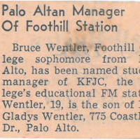 News article announcing Bruce Wentler as the new KFJC station manager.