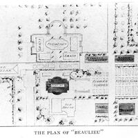This drawing from the early 1900s shows a portion of the layout of the Baldwin estate. The wine cellar building still stands on campus today. The two buildings to the right of the fountain area were adobe buildings that housed servants.  One of the two adobe buildings has been newly constructed as a reproduction of the original.