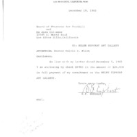 The letter that was enclosed with a $20,000 check to be used for the purchase of fine art for the proposed Helen Euphrat Art Gallery. 