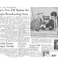 News article announces that KFJC will be broadcasting soon. Article notes that the station will broadcast from the basement of Foothill College in Mountain View. Trustees had considered waiting to begin broadcasting until the station could be installed at the new Foothill campus in Los Altos Hills but station manager Bob Ballou convinced them to reconsider. Photograph of student Charles Henderson at the broadcast desk. 
