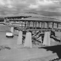 The iconic footbridge under construction at Foothill College in 1961.