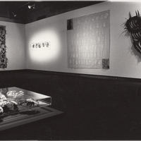 Gallery installation including sculpture and a large feathered cape on one wall.