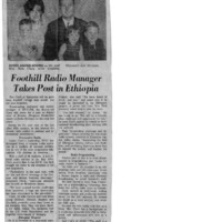 News article announcing that KFJC station manager Ken Clark is leaving the U.S. to take a State Department sponsored post in Ethiopia helping to develop that nation's radio system.  Clark is credited with helping to win national and international acclaim for KFJC. Photograph of Clark with family.