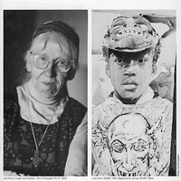 Cover of book entitled 'Faces' shows two examples of faces in the book: an older woman and a young boy.