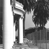 Looking across the front entrance to Le Petite Trianon in 1965, you can see the winery building in the background. Le Petite Trianon was being prepared to be moved to a new location, as the Flint Center for the Performing Arts would later occupy this location