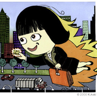 Urban lawyer flies into city like a superwoman with her briefcase and business card.