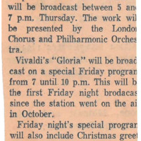 News article reporting that KFJC will broadcast Handel's "Messiah" and Vivaldi's "Gloria" as well as Christmas greetings from college administrators and student body officers before going on break for the school holidays.