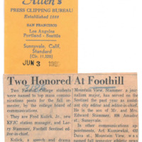 News article announcing Fred Kulick, Jr., as new station manager of KFJC and Larry Stammer as new editor-in-chief of the Foothill Sentinel.