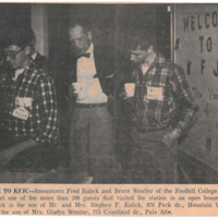 Photograph of KFJC announcers Fred Kulick and Bruce Wentler as they welcomed one of more than one hundred guests to the radio station's first open house.