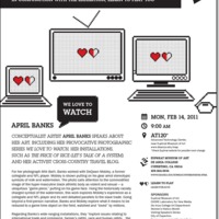 Flyer connected with 'Learn to Play' exhibition. April Banks event. Computer monitors and TV with little red hearts on the screens.