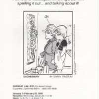 A panel of a Doonesbury cartoon of husband reacting with 'Oh' to looking at wife’s abstract painting.