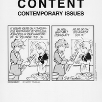 Cover of book entitled 'Content' shows two panels of a Doonesbury cartoon of husband trying to understand the meaning of wife's painting.