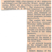News article announcing KFJC to go on the air October 13. Article names Bob Ballou as station manager, Roy Ruth as program manager and Roger Murray as traffic manager. 