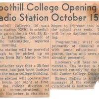 News article announces KFJC to go on air October 15 according to Foothill's Director of Public Information Ervin L. Harlacher. Harlacher also notes that the antenna had just been hoisted atop the main college building. 