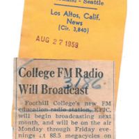 News article announces KFJC to begin broadcasting in September. Foothill also offering a radio broadcasting class - Broadcasting 92A, Radio Production Laboratory. Fred Critchfield is the faculty advisor to the station. 
