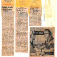 Three articles; Roger Murray named KFJC station manager, photograph of chief engineer Terry Woods (10-4-60), KFJC to hold second open house (12-1-60), Foothill announces plans for new radio station (duplicate article 11-24-58).
